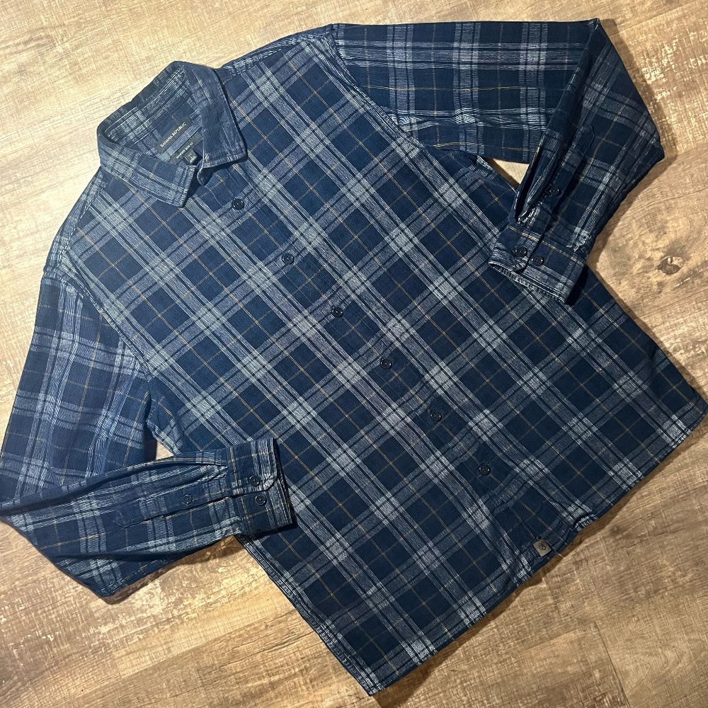 Banana Republic - Navy Plaid Ribbed Button Up - LARGE TALL